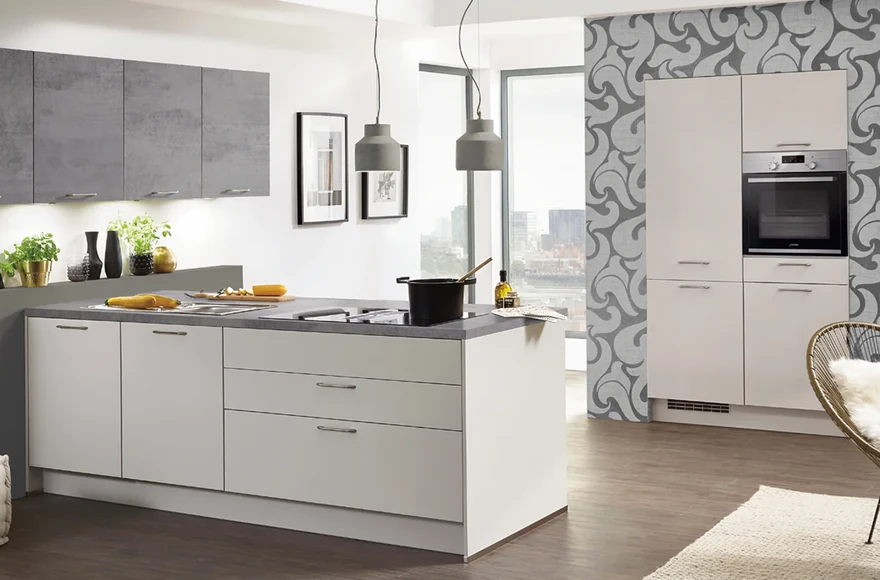 Cuisine équipée Touch en gris soie super mat, de style moderne, vue 1 sur 5