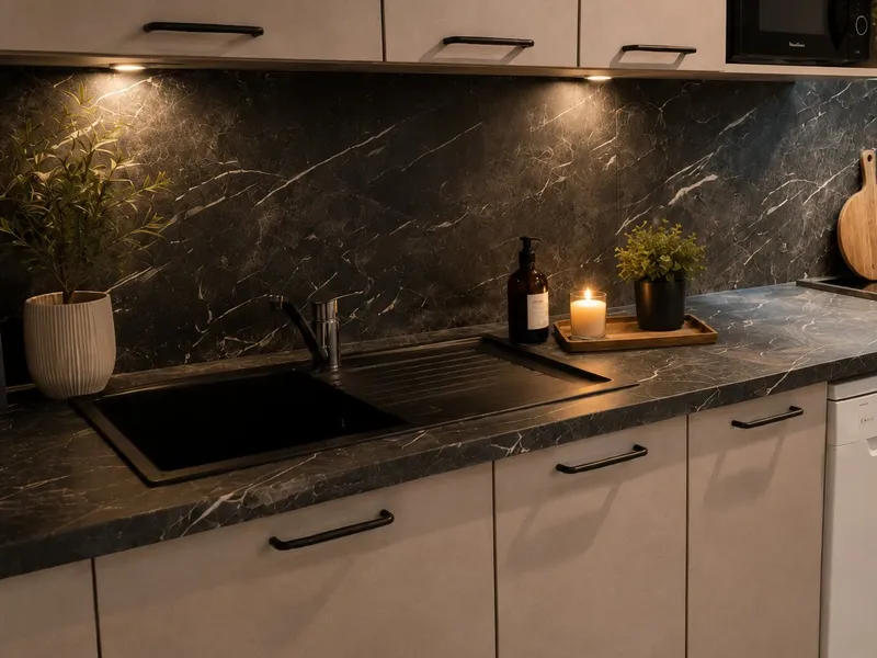Cuisine en L avec plan de travail en pierre (projet 2), réalisée par Cuisines ELITE Athis-Mons, vue 1 sur 3