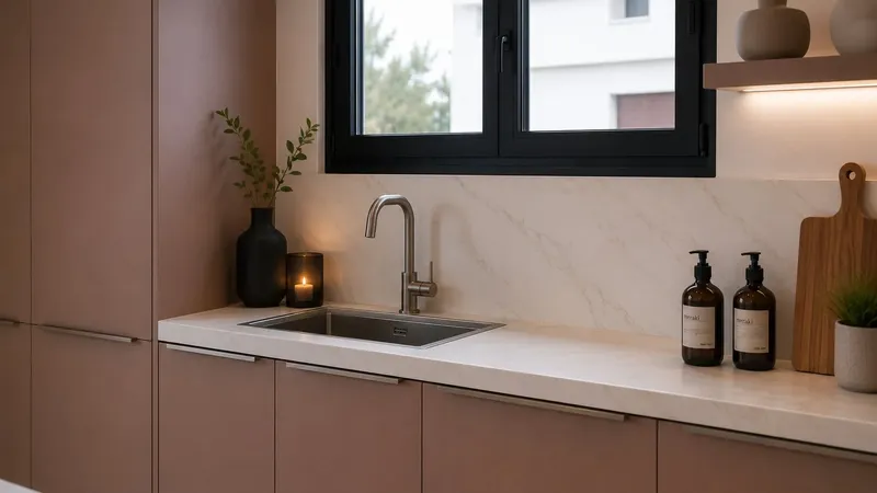 Cuisine en pierre naturelle et façades magnolia : une élégance minérale…, réalisée par Cuisines ELITE Mulhouse, vue 1 sur 3