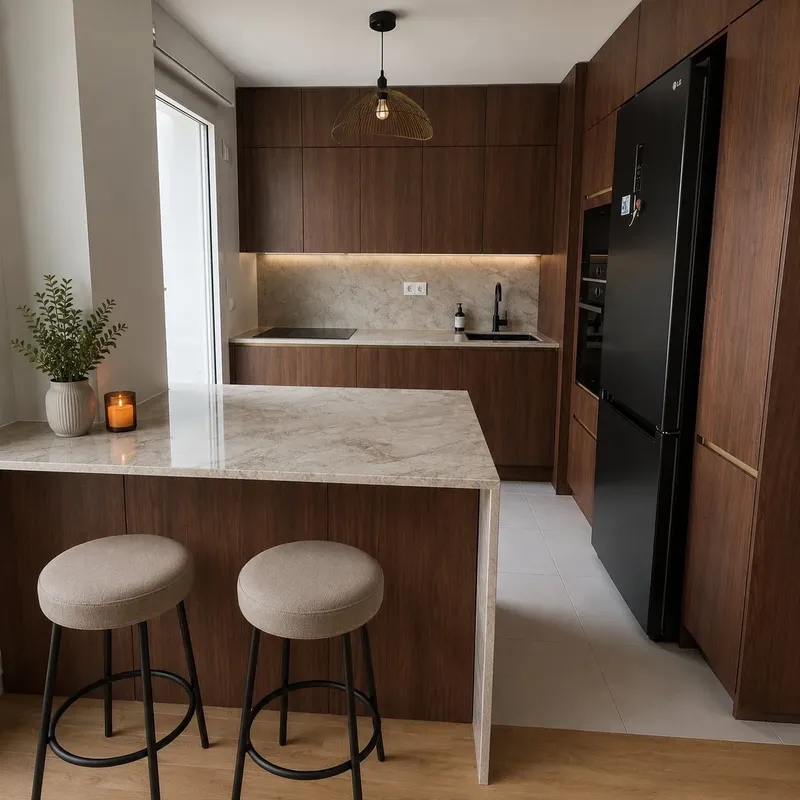 Cuisine haut de gamme sublimée par un plan de travail en pierre, réalisée par Cuisines ELITE Asnières-sur-Seine, vue 1 sur 2