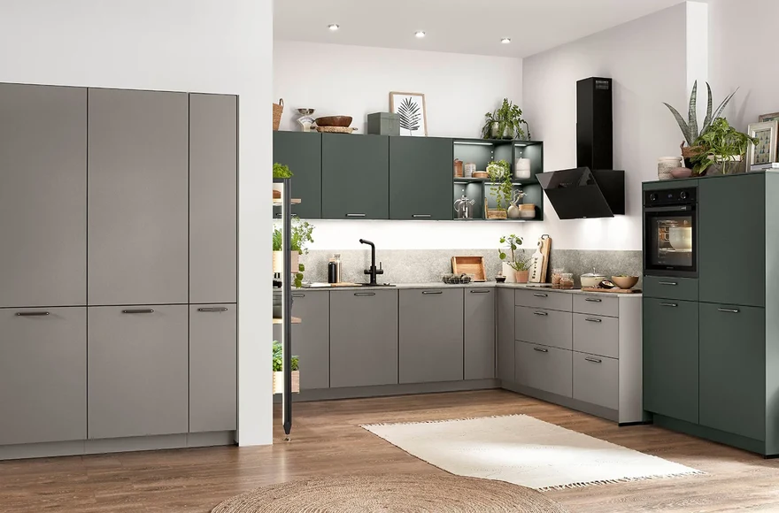 Cuisine équipée Easytouch en gris taupe ultra-mat, de style moderne et naturel, vue 1 sur 6