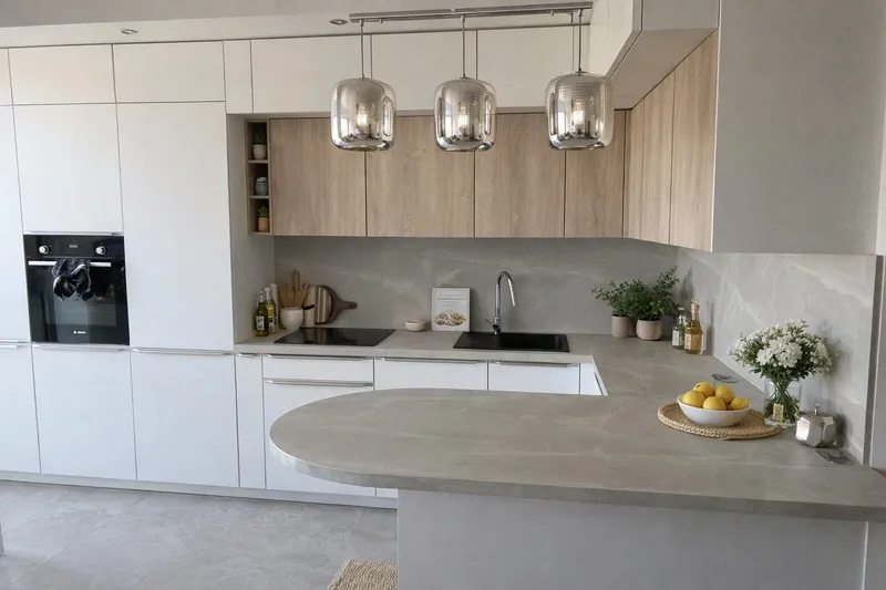 Cuisine ouverte avec plan de travail en pierre et espace…, réalisée par Cuisines ELITE Boulogne-Billancourt, vue 1 sur 3