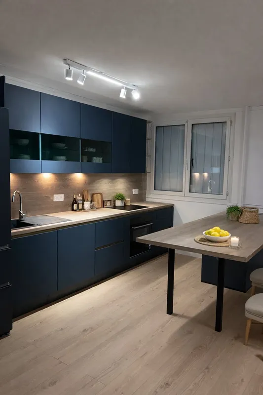 Cuisine moderne avec plan de travail stratifié effet bois, réalisée par Cuisines ELITE Boulogne-Billancourt, vue 1 sur 4