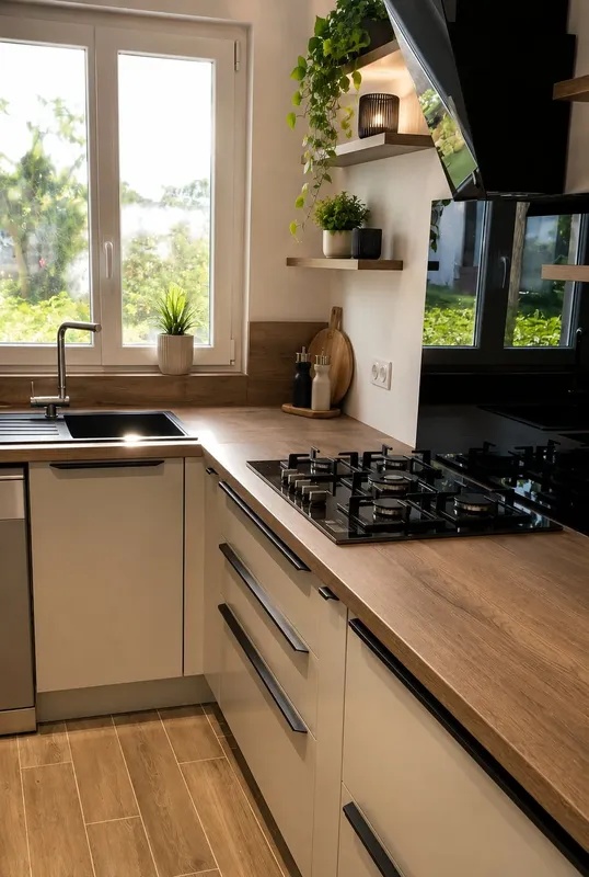Cuisine en U compacte, pratique et élégante, réalisée par Cuisines ELITE Angers, vue 1 sur 3