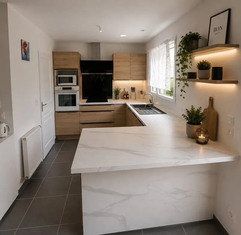 Cuisine en U pensée pour optimiser l'espace, réalisée par Cuisines ELITE Angers, vue 1 sur 3
