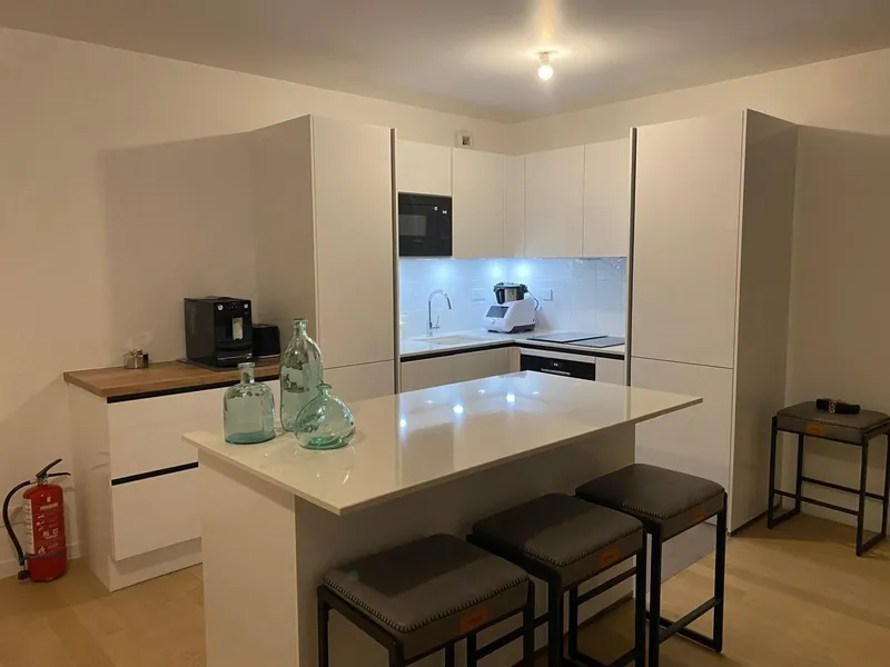 Petite cuisine en L avec îlot central, réalisée par Cuisines ELITE Antony, vue 1 sur 4
