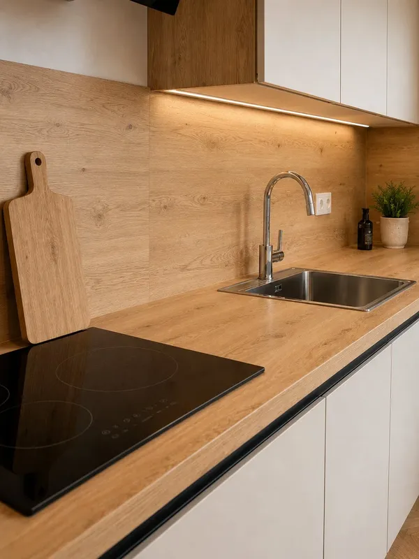 Cuisine design blanche et bois avec plan de travail stratifié, réalisée par Cuisines ELITE Lyon, vue 1 sur 3