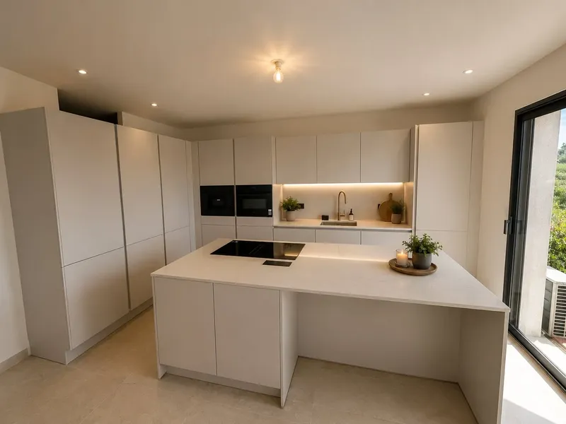 Cuisine blanche avec îlot central et plan de travail en pierre (projet 2), réalisée par Cuisines ELITE Metz, vue 1 sur 2