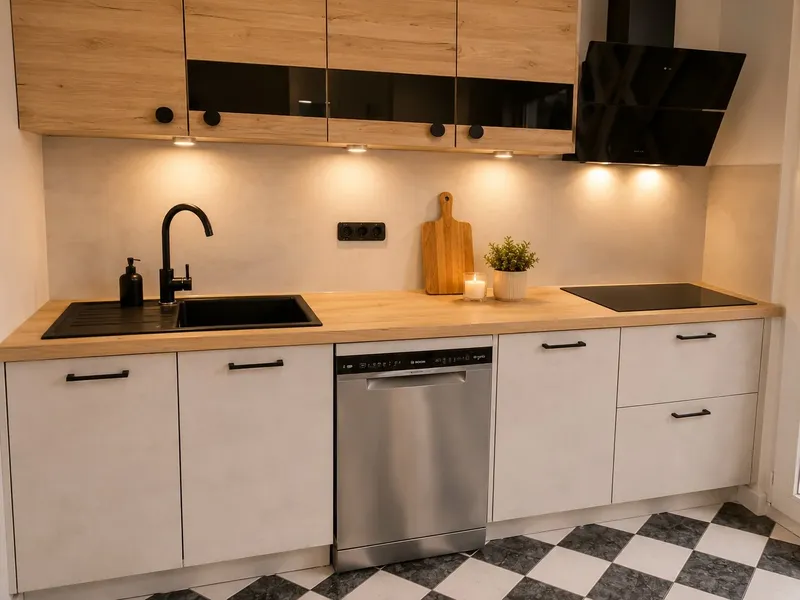 Cuisine compacte avec plan de travail stratifié et coin repas…, réalisée par Cuisines ELITE Chanteloup-en-Brie, vue 1 sur 3