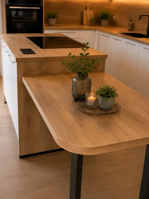 Cuisine avec îlot central et table intégrée pour un espace de vie convivial, réalisée par Cuisines ELITE Osny, vue 1 sur 3