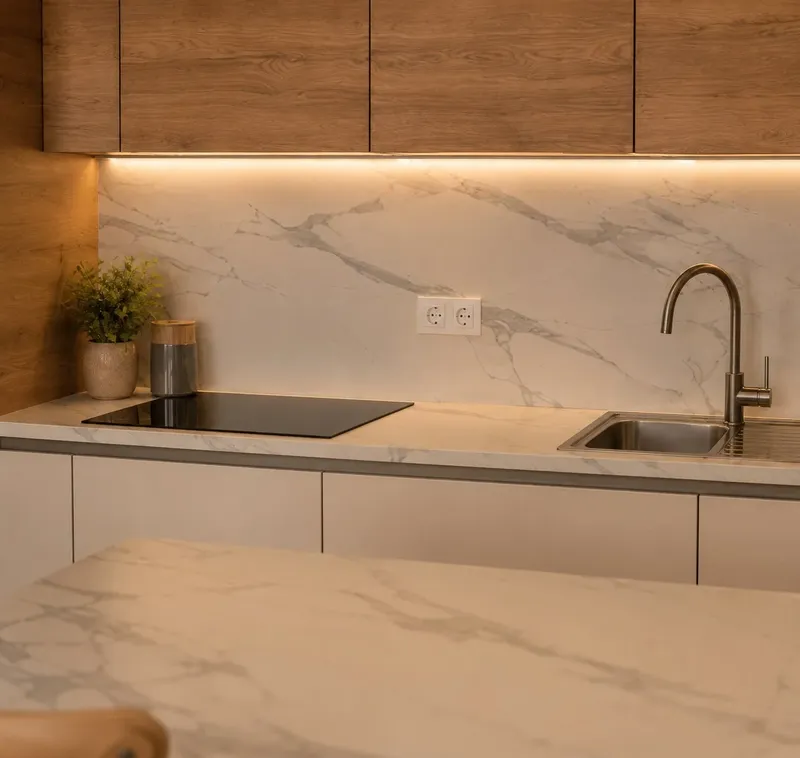Cuisine contemporaine sublimée par la pierre naturelle, réalisée par Cuisines ELITE Paris 11, vue 1 sur 3