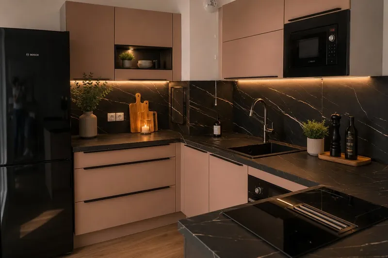 Cuisine moderne aux tons poudrés et aux finitions minérales, réalisée par Cuisines ELITE Paris 11, vue 1 sur 2