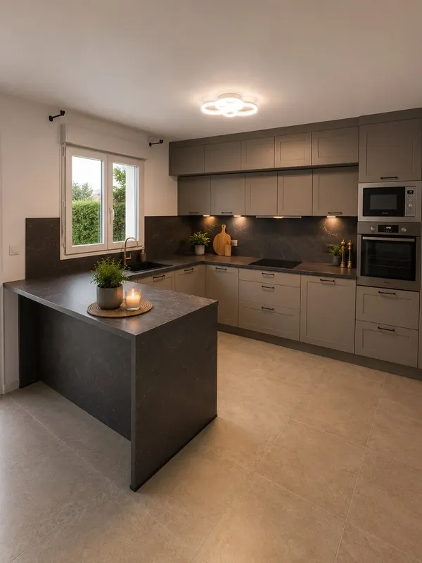 Cuisine en L avec plan de travail en pierre, réalisée par Cuisines ELITE Athis-Mons, vue 1 sur 2