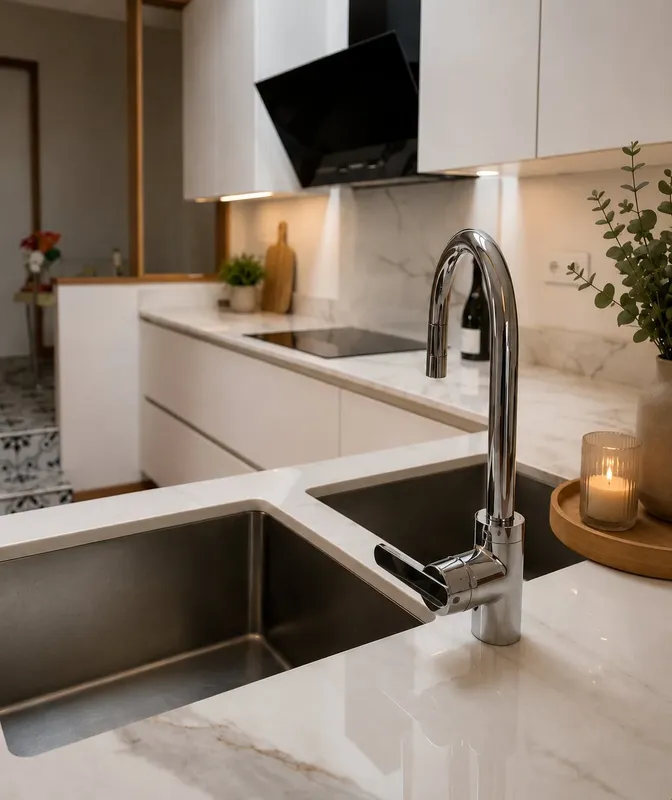 Cuisine blanche avec plan de travail en pierre : élégance et luminosité…, réalisée par Cuisines ELITE Metz, vue 1 sur 3