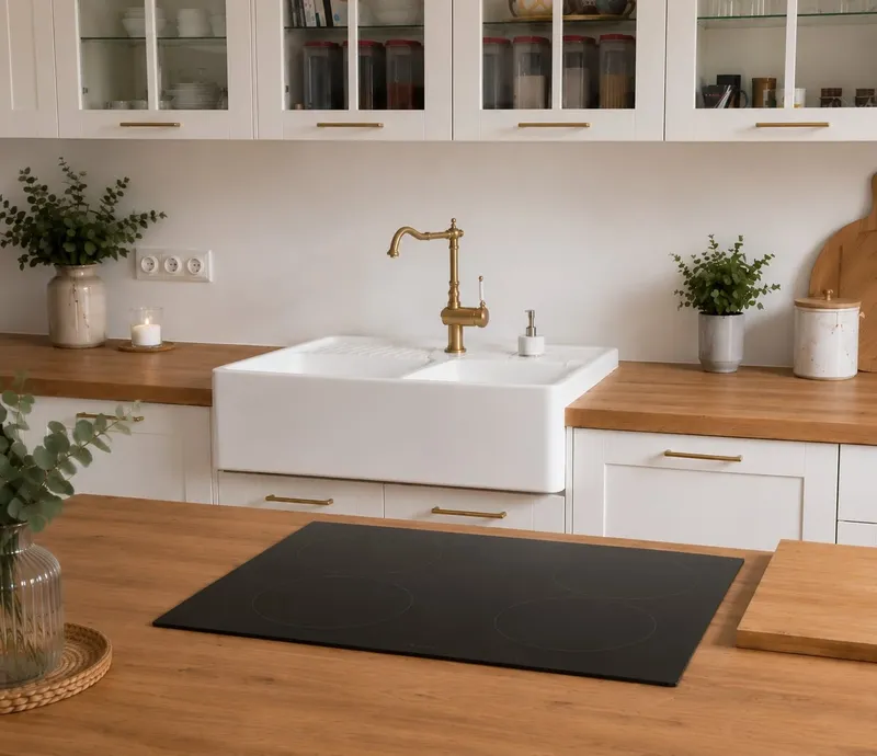 Charme chaleureux du plan de travail effet bois, réalisée par Cuisines ELITE Pontault-Combault, vue 1 sur 2