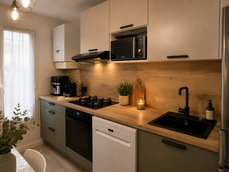 Cuisine compacte aux accents bois et noir, réalisée par Cuisines ELITE Paris 11, vue 1 sur 3