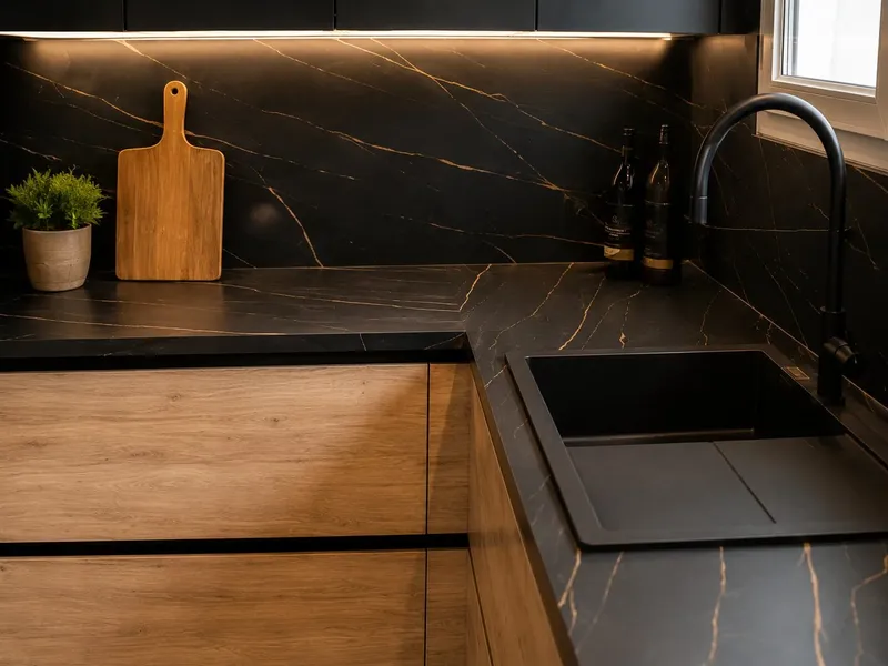 Cuisine noire et bois avec plan de travail stratifié effet pierre noire, réalisée par Cuisines ELITE Metz, vue 1 sur 4