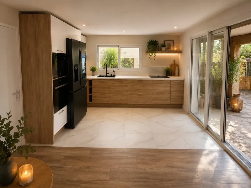 Cuisine contemporaine entre bois et blanc, réalisée par Cuisines ELITE Toulon, vue 1 sur 2