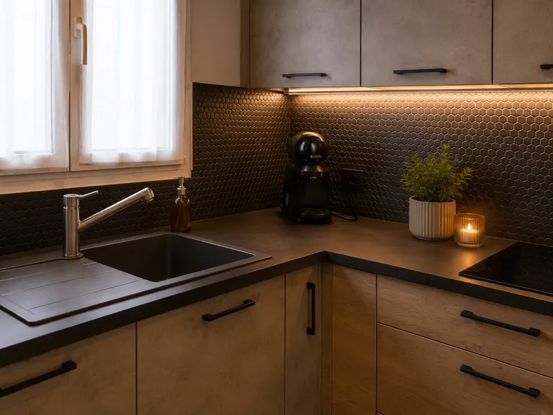 Cuisine contemporaine où l'effet béton rencontre le charme du bois, réalisée par Cuisines ELITE Osny, vue 1 sur 3