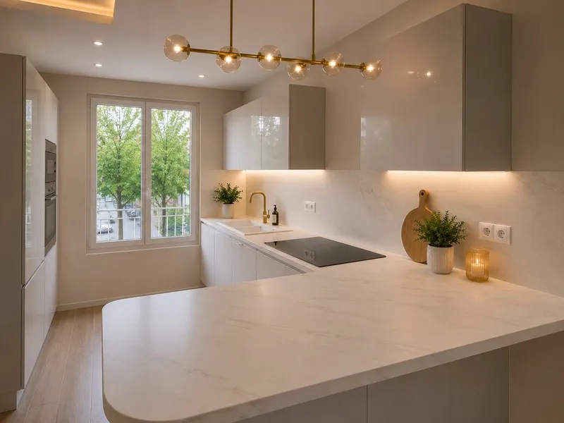 Cuisine contemporaine avec plan de travail en pierre, réalisée par Cuisines ELITE Athis-Mons, vue 1 sur 3