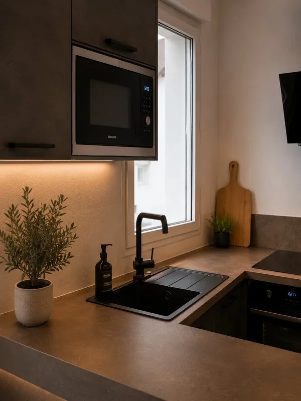 Cuisine effet béton avec péninsule moderne et éclairage LED intégré, réalisée par Cuisines ELITE Osny, vue 1 sur 3