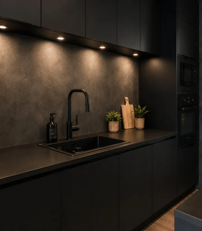 Cuisine noire mate avec îlot central et table intégrée au design contemporain, réalisée par Cuisines ELITE Osny, vue 1 sur 3