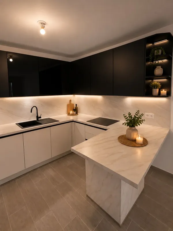Cuisine moderne avec plan de travail en pierre et espace repas intégré, réalisée par Cuisines ELITE Boulogne-Billancourt